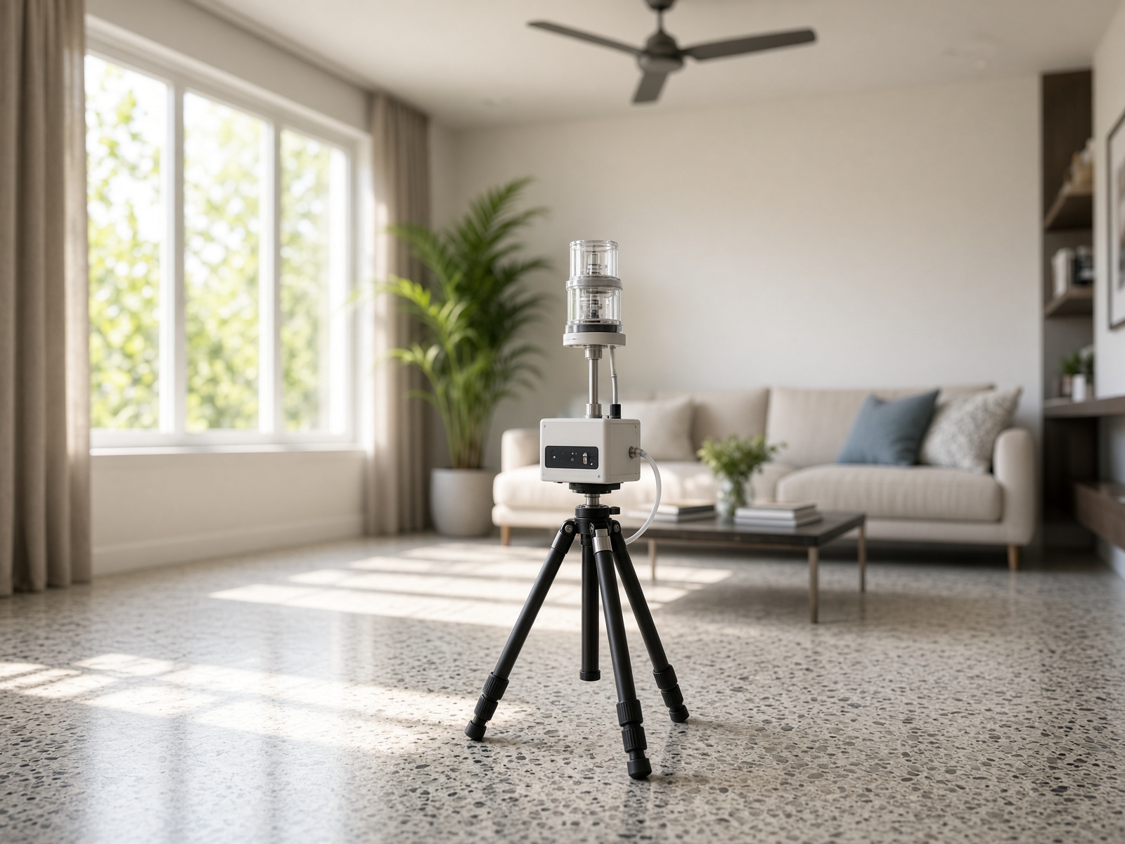 Indoor air quality sampling equipment set up in a sunlit Tampa living room