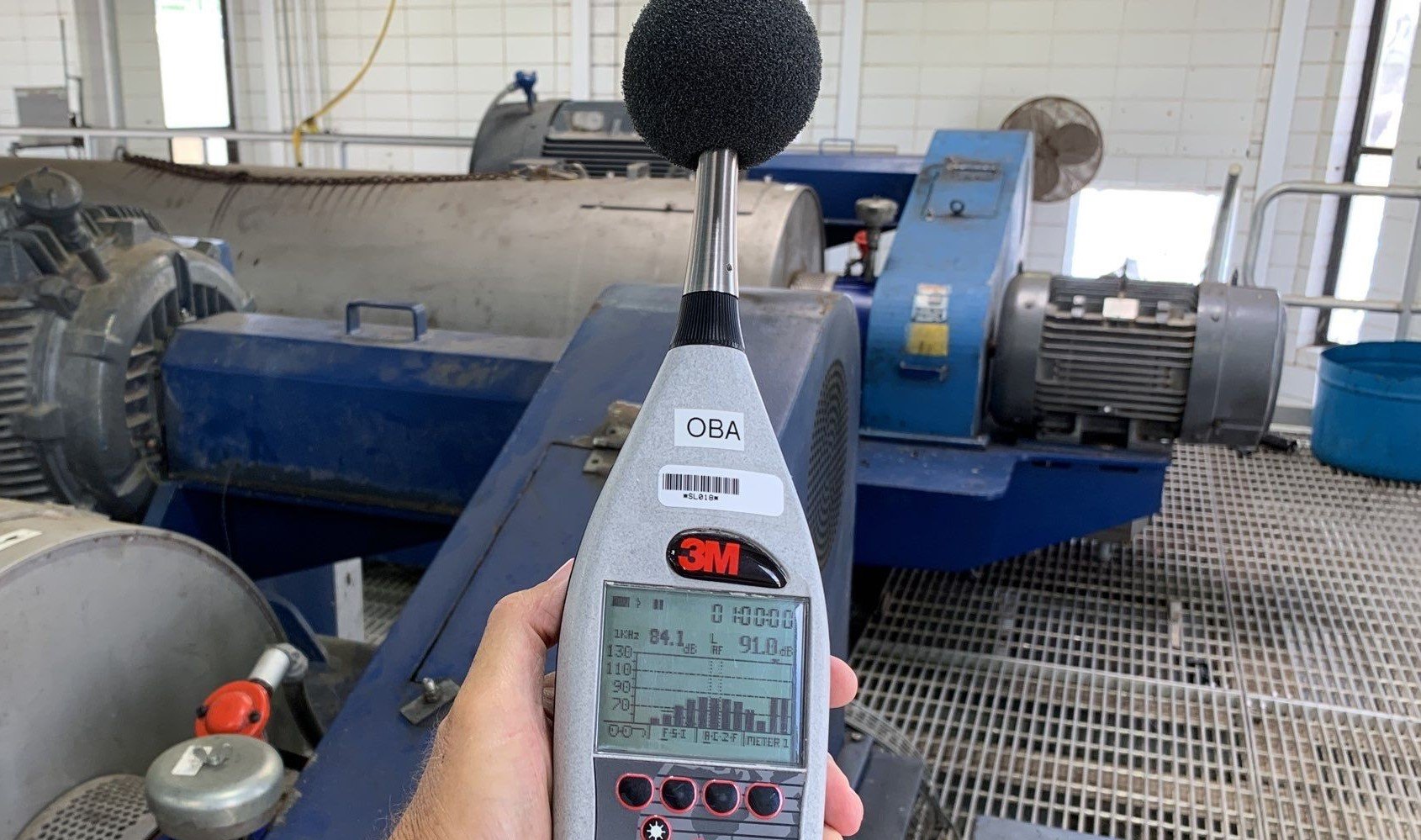 3M sound level meter during a hearing conservation noise survey on a plant floor